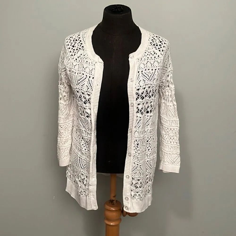 VanHeusen Women's Ivory Crochet Open Stitch Button Front Cardigan Sweater